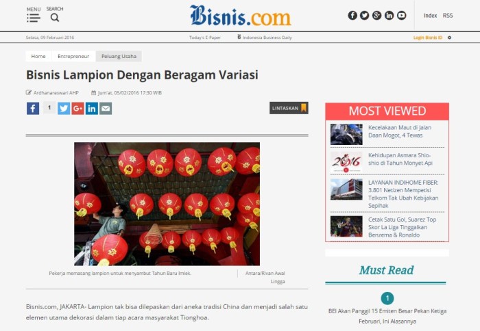 LampionKu.com Liputan dari media nasional Bisnis Indonesia Februari 2016